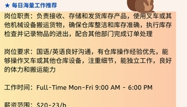 【168中介内推】密西沙加物流公司请Warehouse Operator 1名