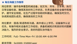 【168中介内推】密西沙加制造业公司请Equipment Operator 1名