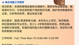 【168中介内推】布兰普顿物流公司请Logistics Coordinator 1名
