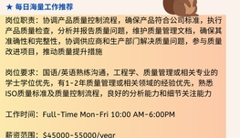 【168中介内推】多伦多制造业公司请Product Quality Coordinator 1名