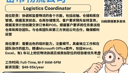 【168新岗】密市物流公司请Logistics Coordinator 1名（可移民）