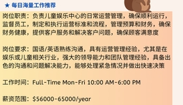 【168中介内推】万锦儿童娱乐中心请Operation Manager 1名