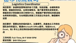 【168新岗】密市物流公司请Logistics Coordinator 1名（可移民）