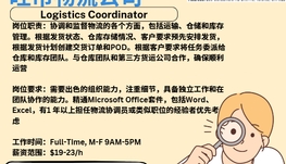 【168新岗】旺市物流公司请Logistics Coordinator 1名（可移民）