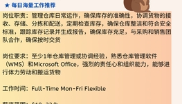 【168中介内推】士嘉堡食品公司请Warehouse Coordinator 1名