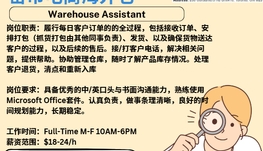 【168新岗】密市电商海外仓请Warehouse Assistant 1名（可移民）