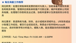 【168中介内推】万锦餐饮业公司请Junior Accounting Clerk 1名