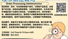 【168新岗】旺市橱柜公司请Order Processing Administrator 1名（可移民）